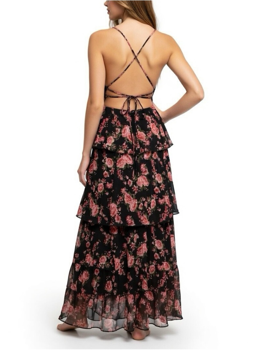 FAME & PARTNERS FLORAL MAXI DRESS OPEN BACK TIERED SKIRT US 6 EUC! - Picture 3 of 9